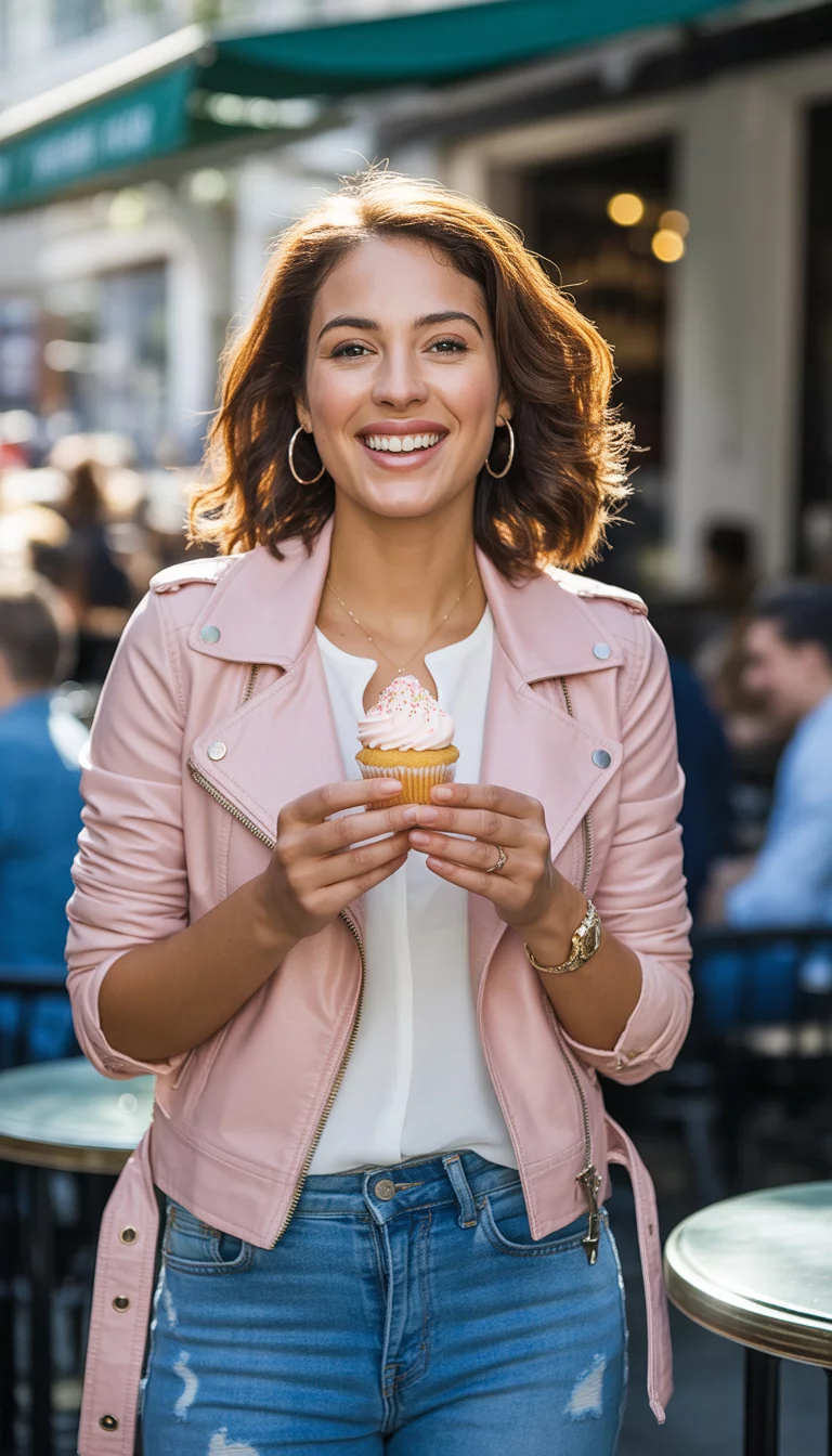 Pink Moto Jacket Edge A beautiful 27-year-old woman in a pink moto jacket, a white top, and distressed denim jeans, holding a cupcake and smiling.
