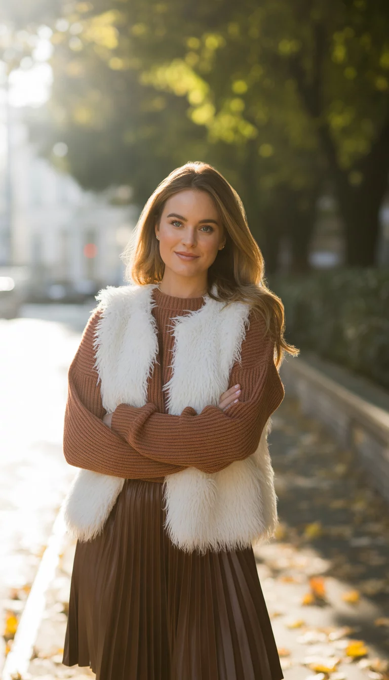 Textures And Layers For Cold Mornings A beautiful 21-year-old woman in a rust-colored knit sweater, a white faux fur vest, and a brown faux leather pleated skirt, standing on a leaf-covered sidewalk.