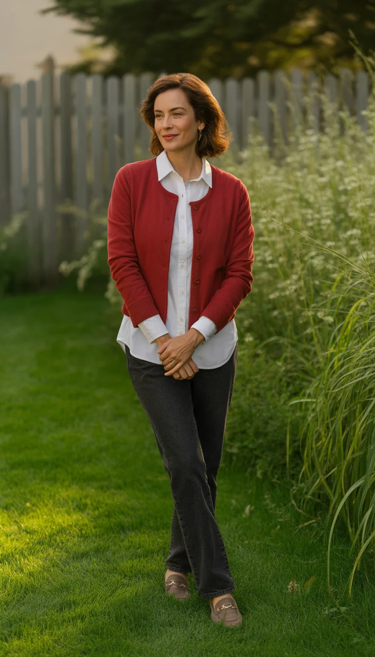 Bold Red Cardigan Accent A beautiful 36-year-old woman in a red cardigan, a white button-down shirt, dark denim jeans, and brown loafers, standing in a lush green lawn.