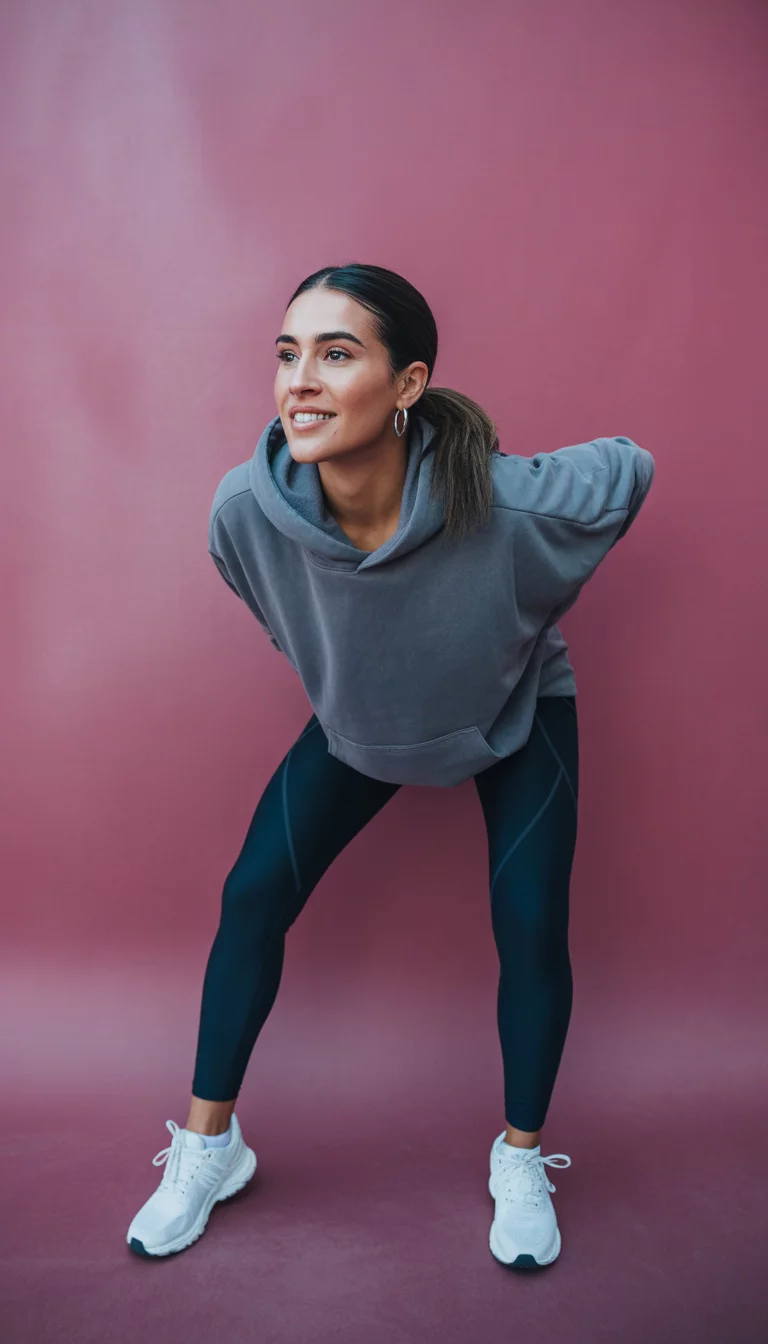 The Essential Style Quiz Choice A beautiful 28-year-old woman in a grey oversized hoodie, black athletic leggings, and white running shoes, standing against a bright pink background.