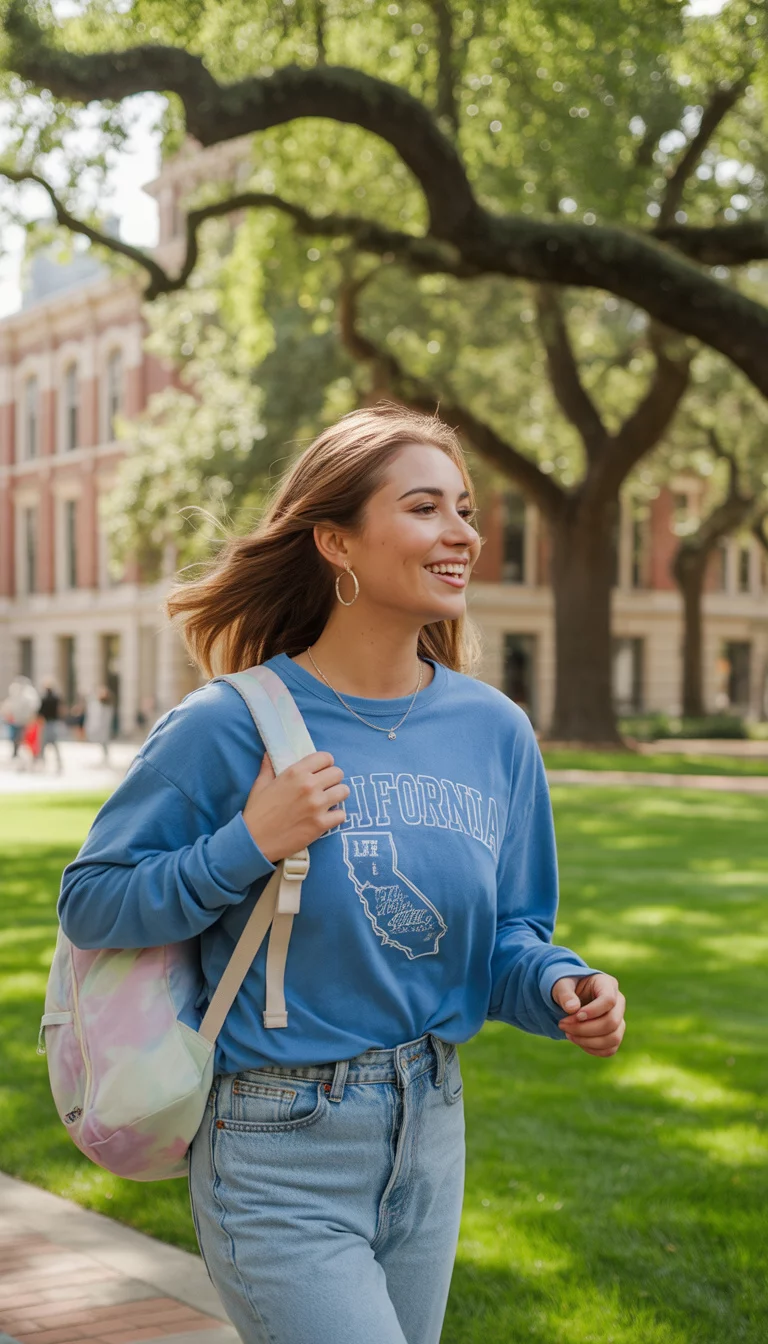 Cool California Graphic Tee A beautiful 22-year-old woman in a light blue long-sleeve shirt with a California graphic, light-wash jeans, hoop earrings, and a pastel tie-dye backpack, walking on campus.