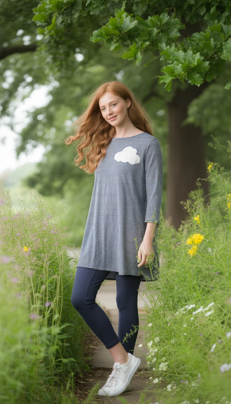 Playful Stripes And Appliques A beautiful 22-year-old woman in a navy and white striped tunic with a cloud applique, navy leggings, and white sneakers, standing in a whimsical park.