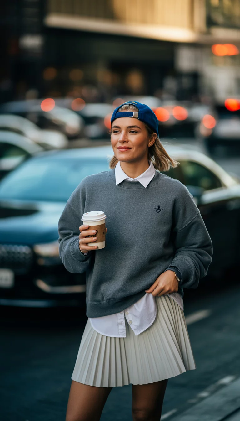 The Academic Pleated Skirt Look A beautiful 24-year-old woman in a gray crewneck sweatshirt, a white collared shirt, a white pleated mini skirt, and a blue baseball cap, holding a coffee cup.