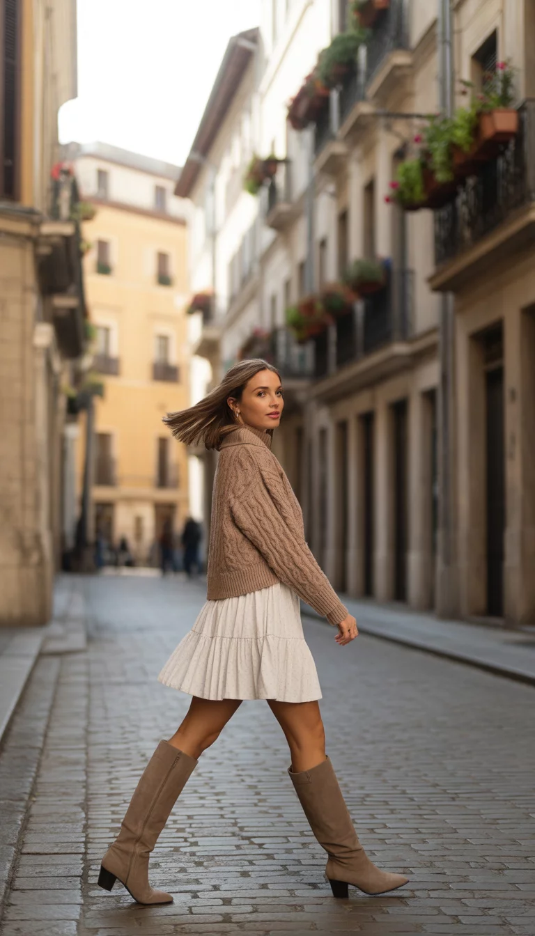 Cable Knits in the Old City A beautiful 33-year-old woman in a beige cable-knit sweater, a tiered white mini skirt, and tall taupe suede boots, walking through the narrow streets of an old European city.