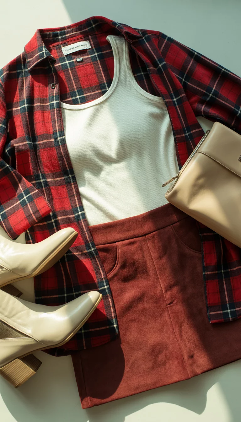 Burgundy and Plaid Flat Lay A flat lay display of a red and black plaid shirt, a white cotton tank top, a burgundy suede mini skirt, cream ankle boots, a beige leather clutch, and a tan fedora.