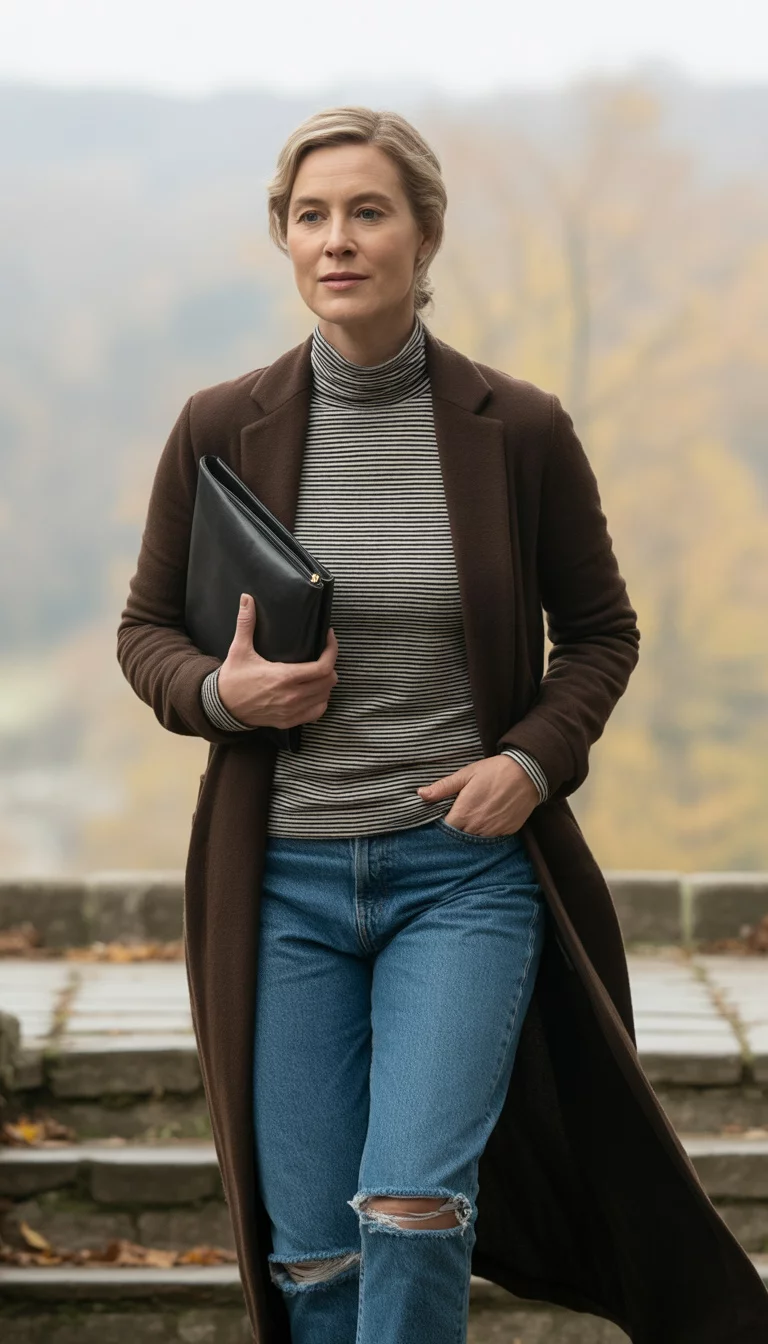 Long Cardigans and Stripes A beautiful 39-year-old woman in a long chocolate brown cardigan, a black and white striped turtleneck, and ripped blue jeans, walking down stone stairs while carrying a black leather clutch.