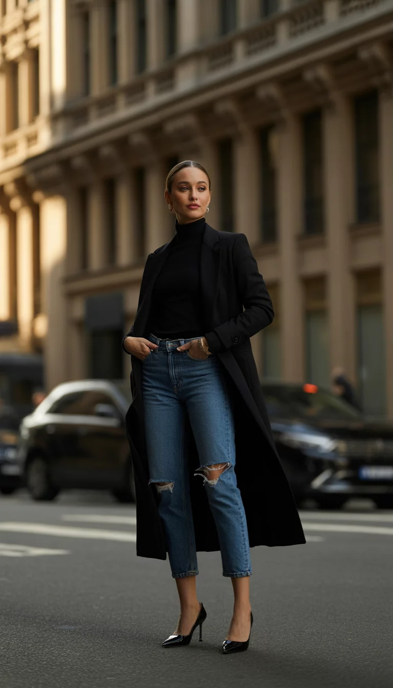 Urban Edge in All Black A beautiful 29-year-old woman in a black turtleneck sweater, ripped blue jeans, and black pointed-toe heels, posing on a grand city street with ornate stone architecture in the background.