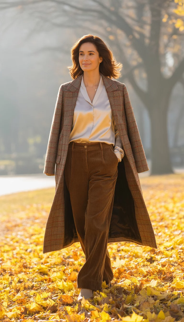 Plaid Coats and Corduroy Pants A beautiful 37-year-old woman in a brown plaid overcoat, a white silk blouse, and brown corduroy wide-leg pants, walking through a park with yellow and orange leaves on the ground.