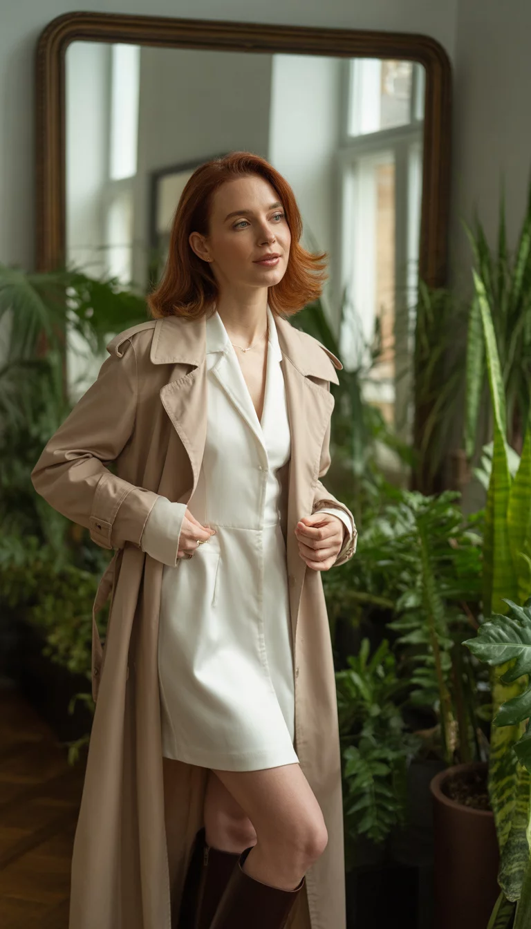 The Classic Trench Coat Elegance A beautiful 33-year-old woman in a beige long trench coat, a white mini dress, and tall dark brown boots, posing in a room with indoor plants and a large mirror.