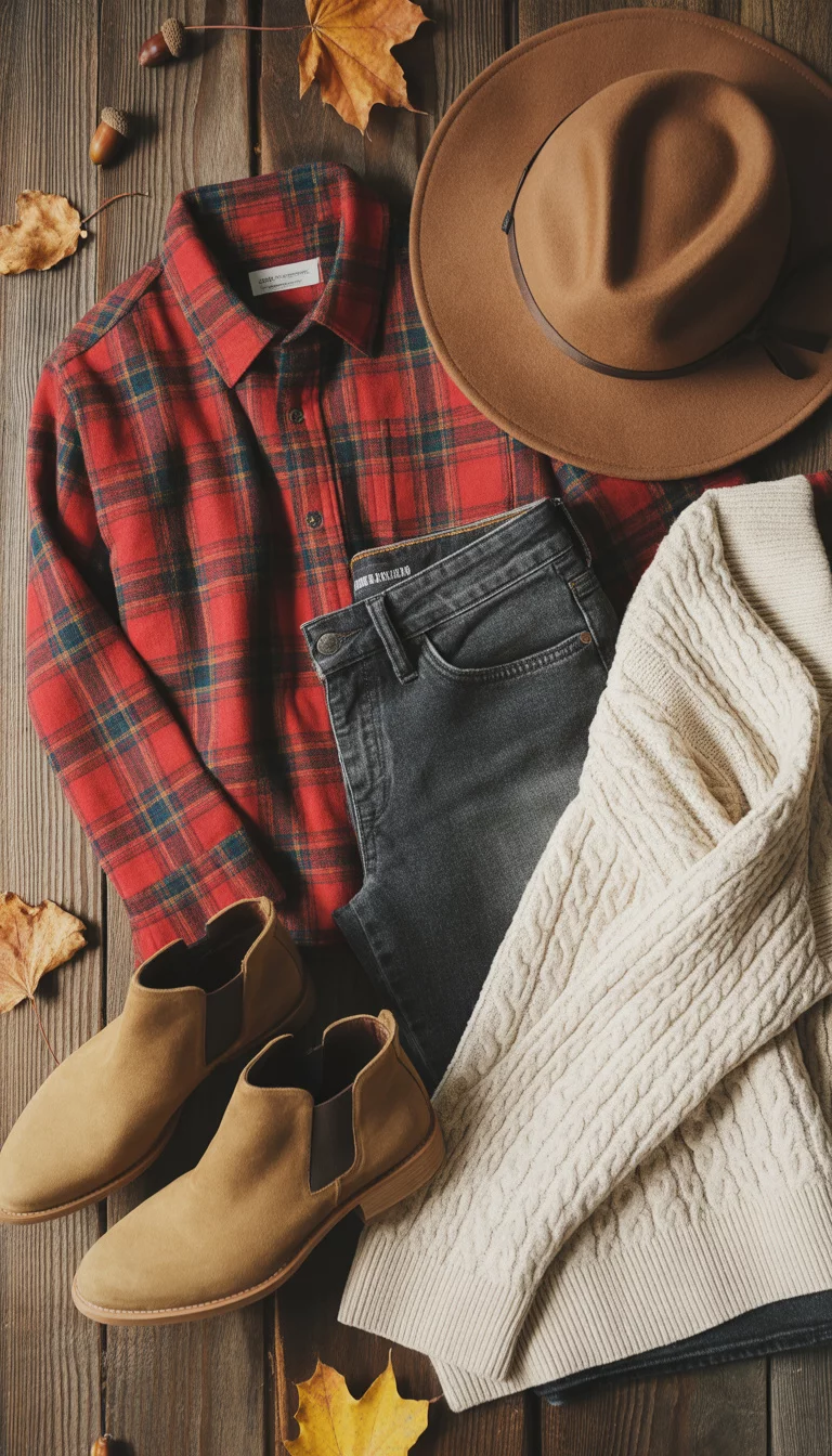The Perfect Flat Lay Foundation A flat lay of autumn clothes including a red plaid flannel shirt, dark denim jeans, a cream cable knit sweater, tan suede ankle boots, and a wide-brimmed brown felt hat on a wooden background.