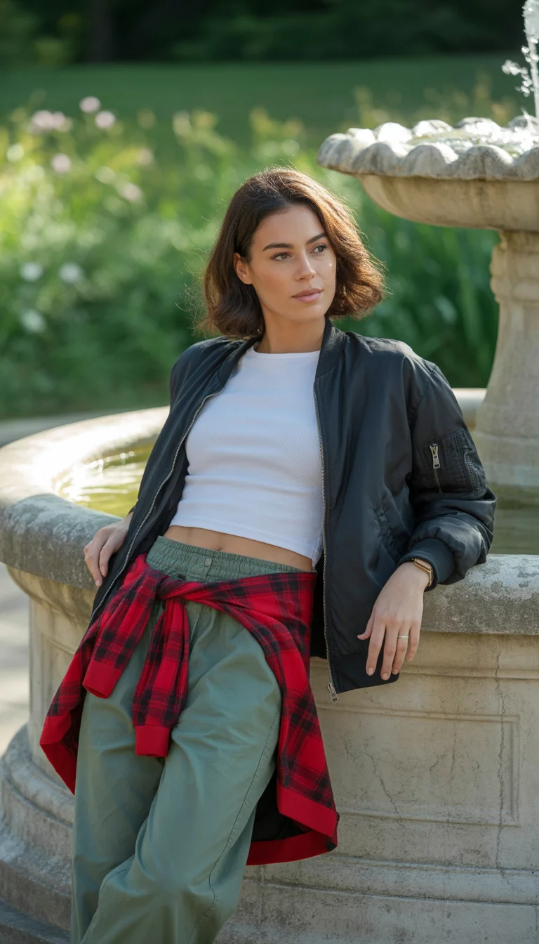 Baggy Pants and Plaid Accents A beautiful 24-year-old woman in a black bomber jacket, a white crop top, and baggy olive green pants, with a red plaid shirt tied around her waist, standing by a stone fountain.