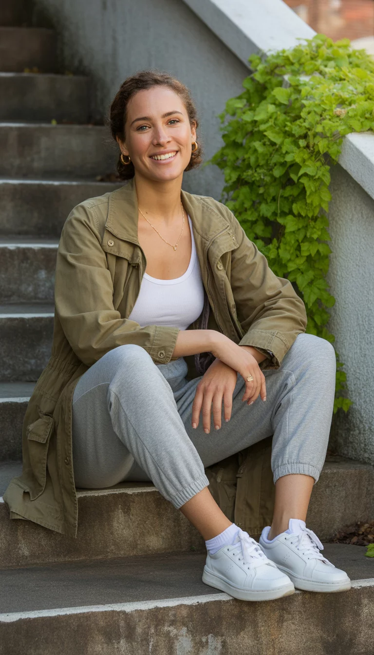 Utility Jackets and Joggers A beautiful 29-year-old woman in a khaki utility jacket, a white tank top, and grey cotton joggers, wearing white sneakers and sitting on concrete stairs.