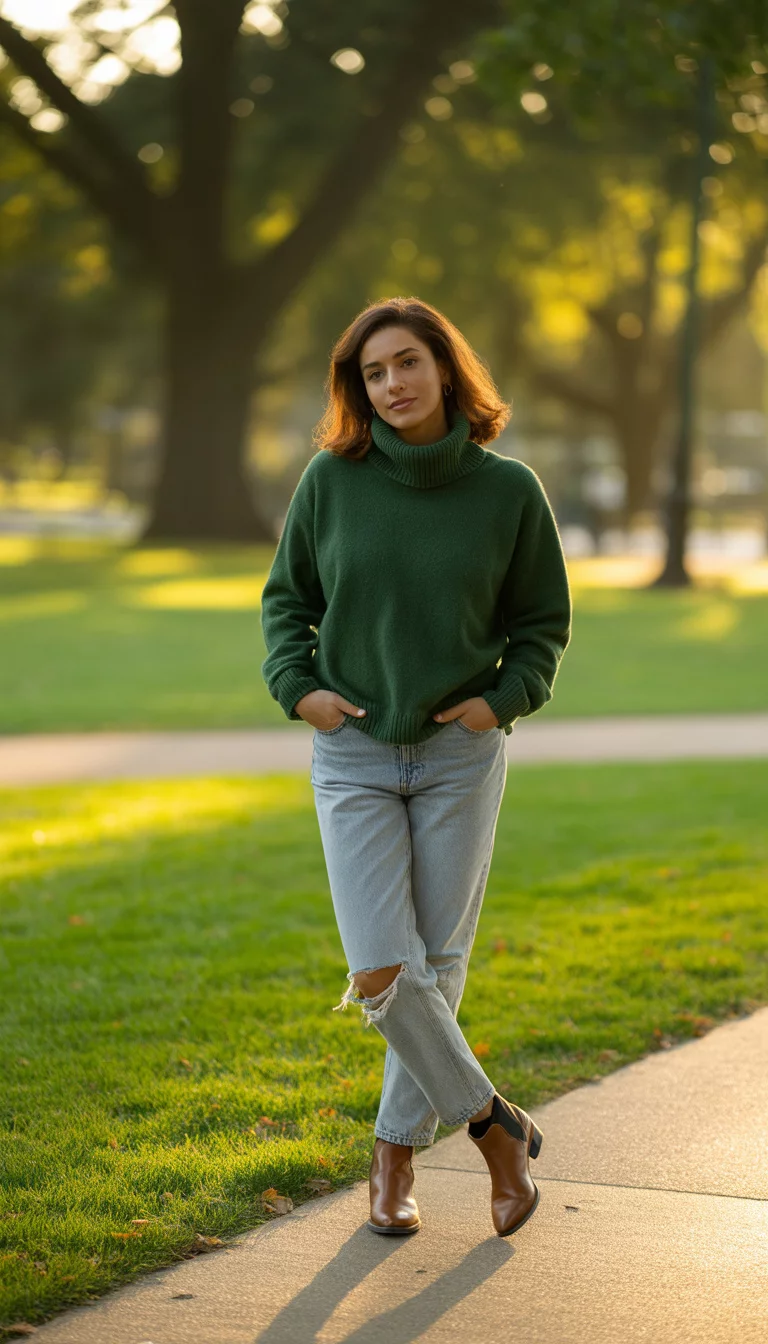 Green Turtleneck in the Park A beautiful 26-year-old woman in a forest green turtleneck sweater, light wash ripped jeans, and brown leather ankle boots, posing on a sidewalk in a park with green grass and trees.