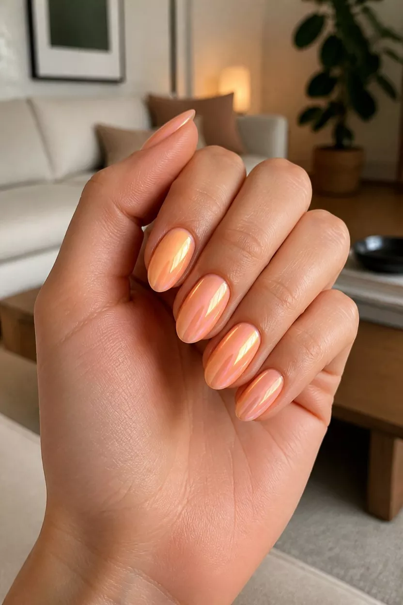 close-up shot of a woman’s hand with five fingers showing medium-length oval nails with an iridescent chrome finish in warm peach and orange tones, living room background.
