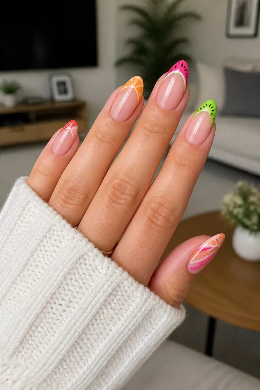 close-up shot of a woman’s hand with five fingers showing fruit designs on French tips, nude vertical stripes, and bright pink/orange diagonal stripes, living room background.