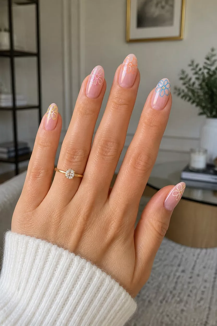 close-up shot of a woman’s hand with five fingers showing sheer almond-shaped nails with minimalist colorful daisy outlines at the tips in yellow, pink, orange, and blue, living room background.