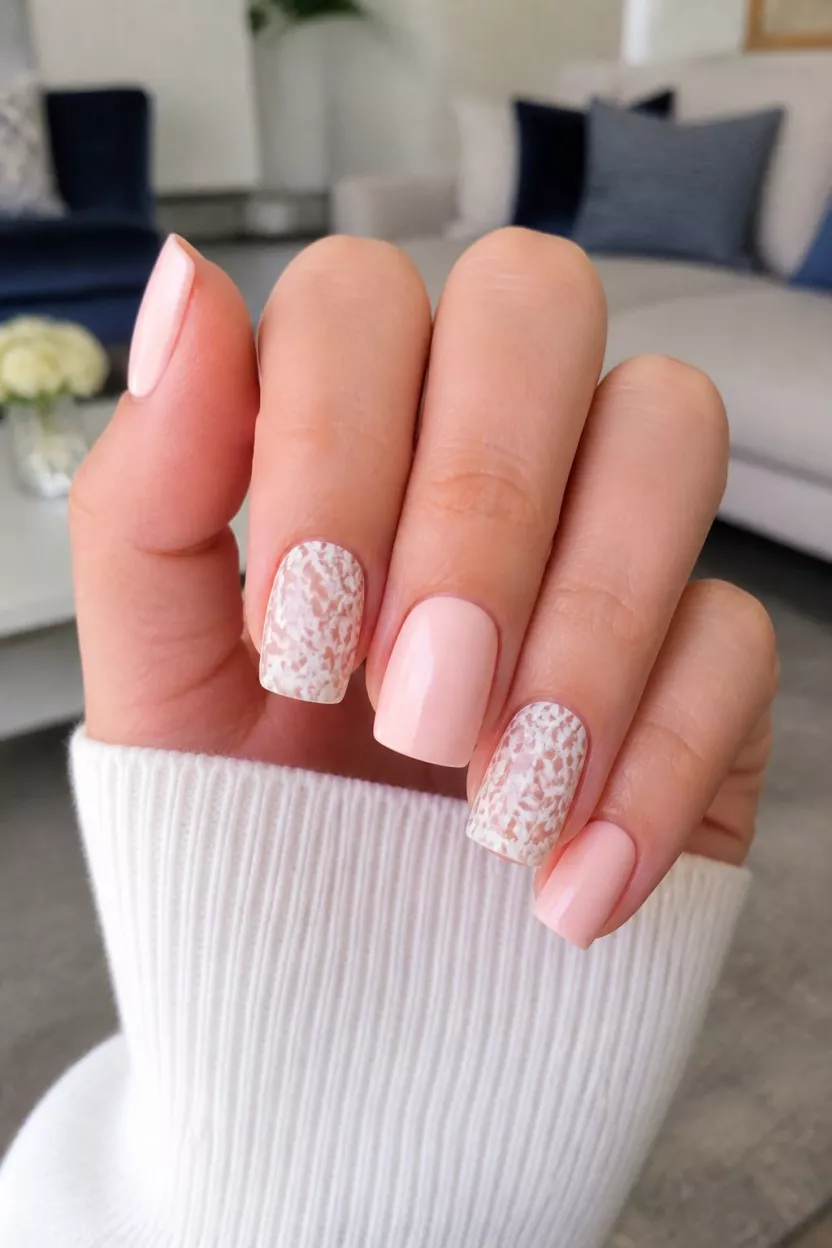 close-up shot of a woman’s hand with five fingers showing square-shaped nails alternating between solid pale pink and white lace/floral overlay, living room background.