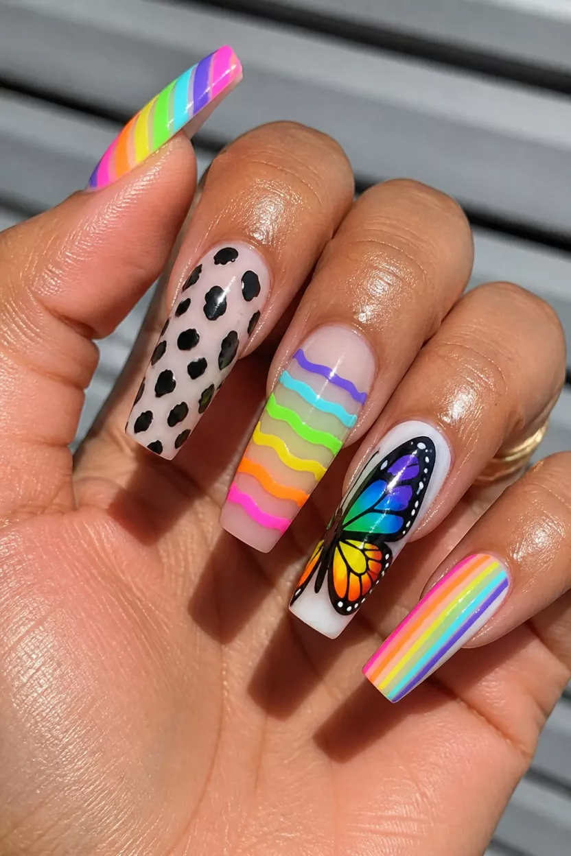 close-up shot of a woman’s hand with five fingers showing long nails with neon stripes, cow spots, rainbows, and large butterfly artwork