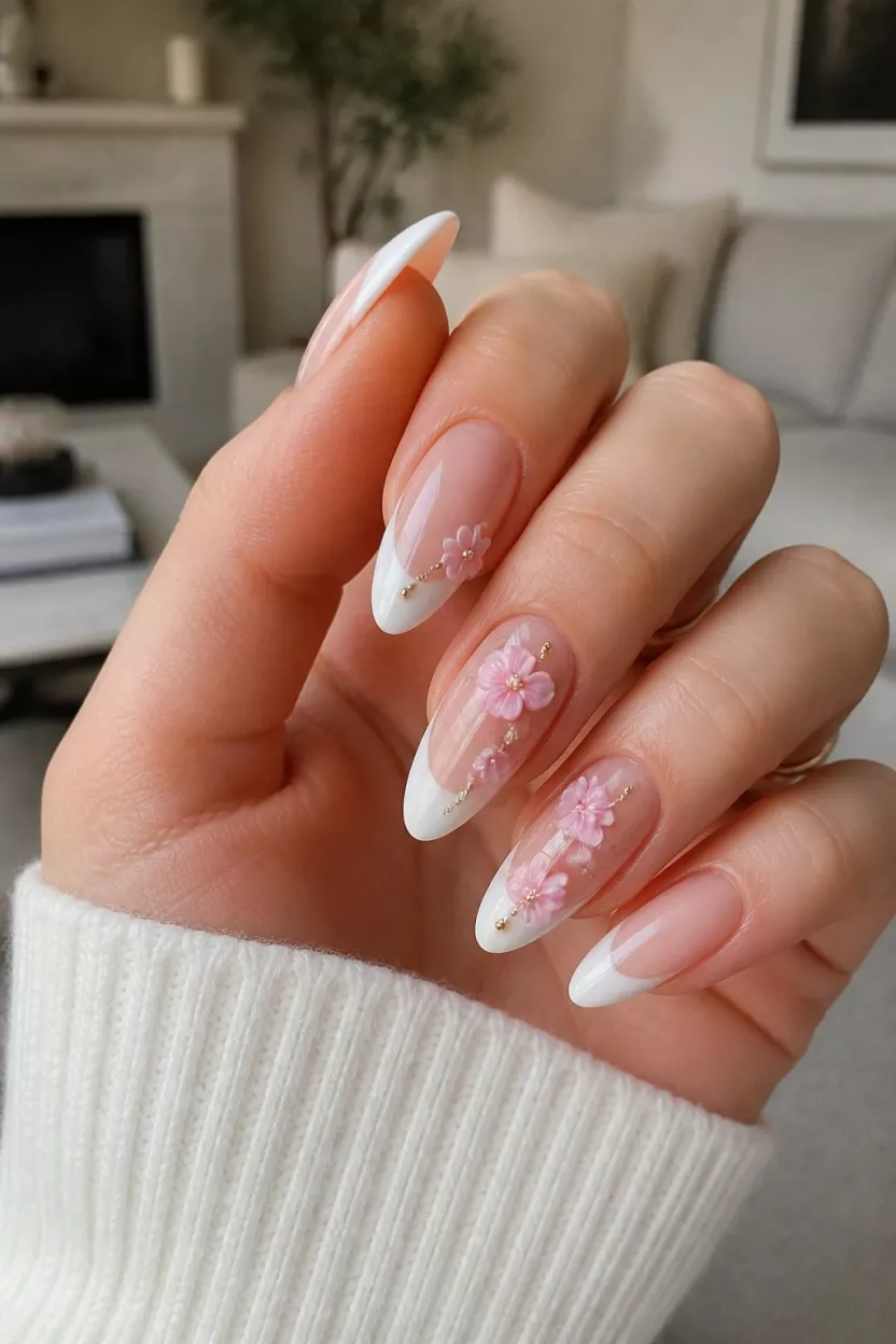 close-up shot of a woman’s hand with five fingers showing long almond-shaped nails with French tips, 3D pink flowers, and small gold beads, living room background.