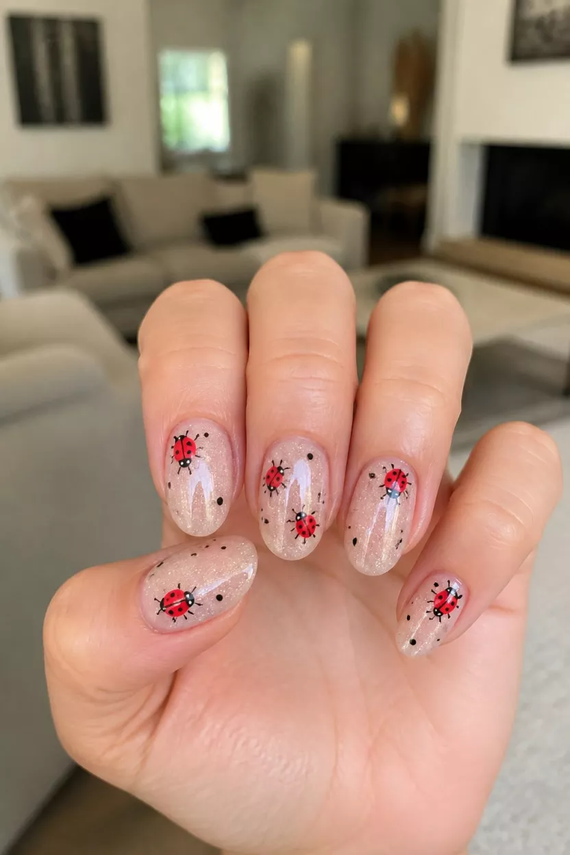 close-up shot of a woman’s hand with five fingers showing sheer glittery oval nails decorated with red ladybugs and small black dots, living room background.