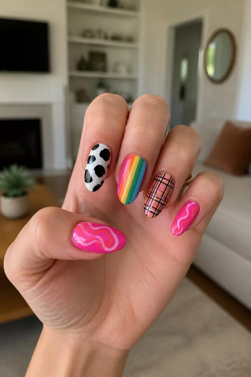 close-up shot of a woman’s hand with five fingers showing long nails with cow print, rainbow stripes, plaid, and abstract neon pink swirls, living room background.