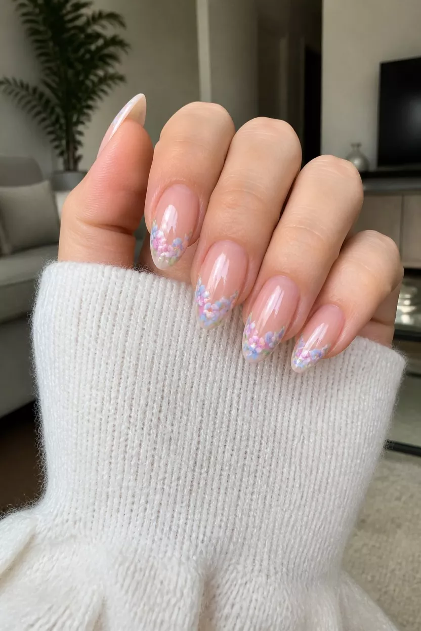 close-up shot of a woman’s hand with five fingers showing sheer almond-shaped nails with delicate pastel-colored flowers bordering the tips, living room background.