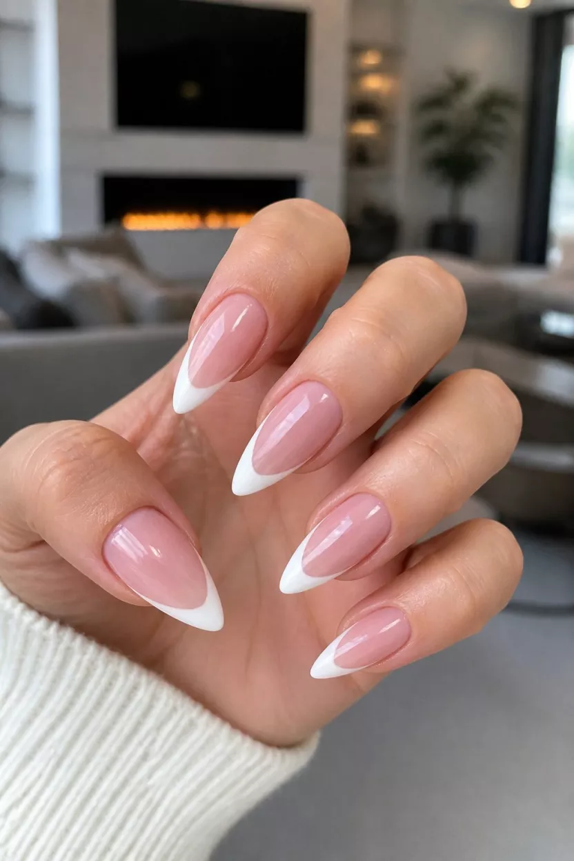 close-up shot of a woman’s hand with five fingers showing long sharp almond nails with a sheer pinkish-nude base and white milky French tips, living room background.