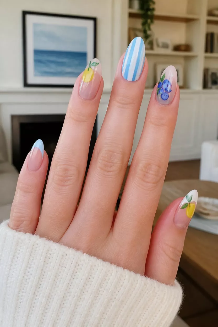 close-up shot of a woman’s hand with five fingers showing almond-shaped nails with fruit illustrations, blue/white stripes, and soft French tips, living room background.
