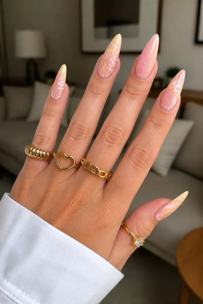 close-up shot of a woman’s hand with five fingers showing long sharp almond nails with marbled yellow and pink designs, dots, and floral patterns, chunky gold rings, living room background.
