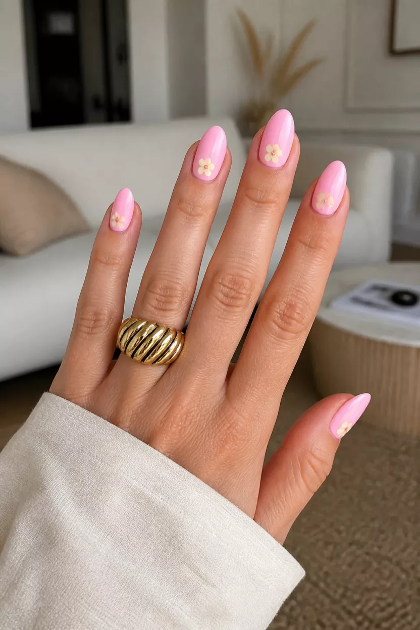 close-up shot of a woman’s hand with five fingers showing oval nails in soft pastel pink with a tiny pale yellow flower near the cuticle, bold gold ring, living room background.