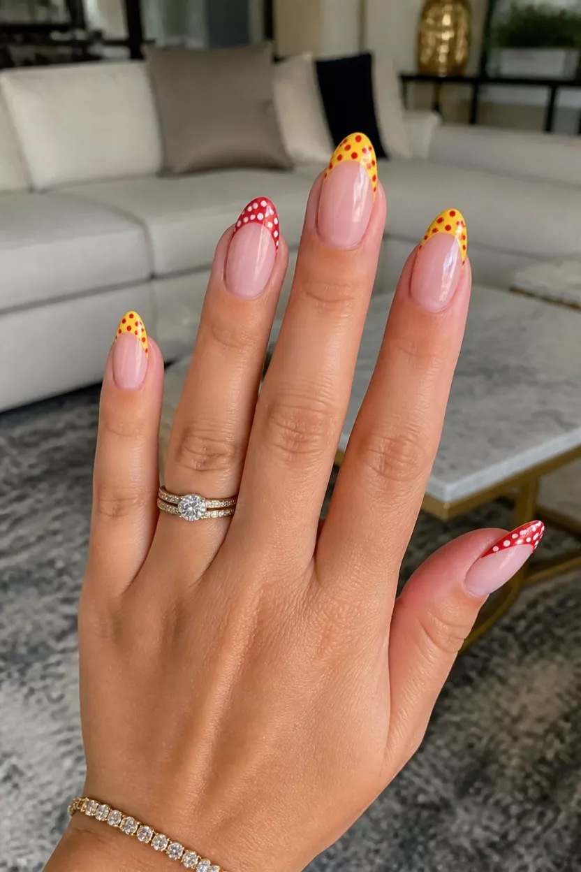 close-up shot of a woman’s hand with five fingers showing almond-shaped nails with a French tip style where one side is red with white dots and the other is yellow with red dots, living room background.