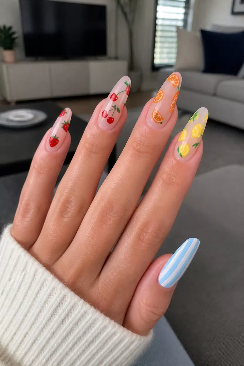 close-up shot of a woman’s hand with five fingers showing long mismatched nails with strawberries, cherries, oranges, lemons, and light blue/white stripes on a nude base, living room background.