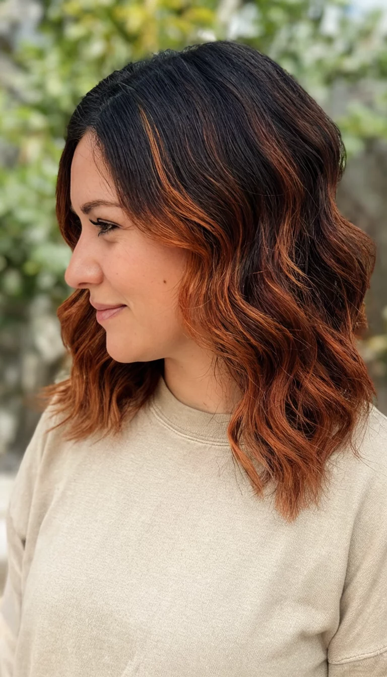 casual photo of a 27-year-old woman wearing a neutral top with a dark brown hair highlighted with copper tones colored loose waves hairstyle, side view, natural light