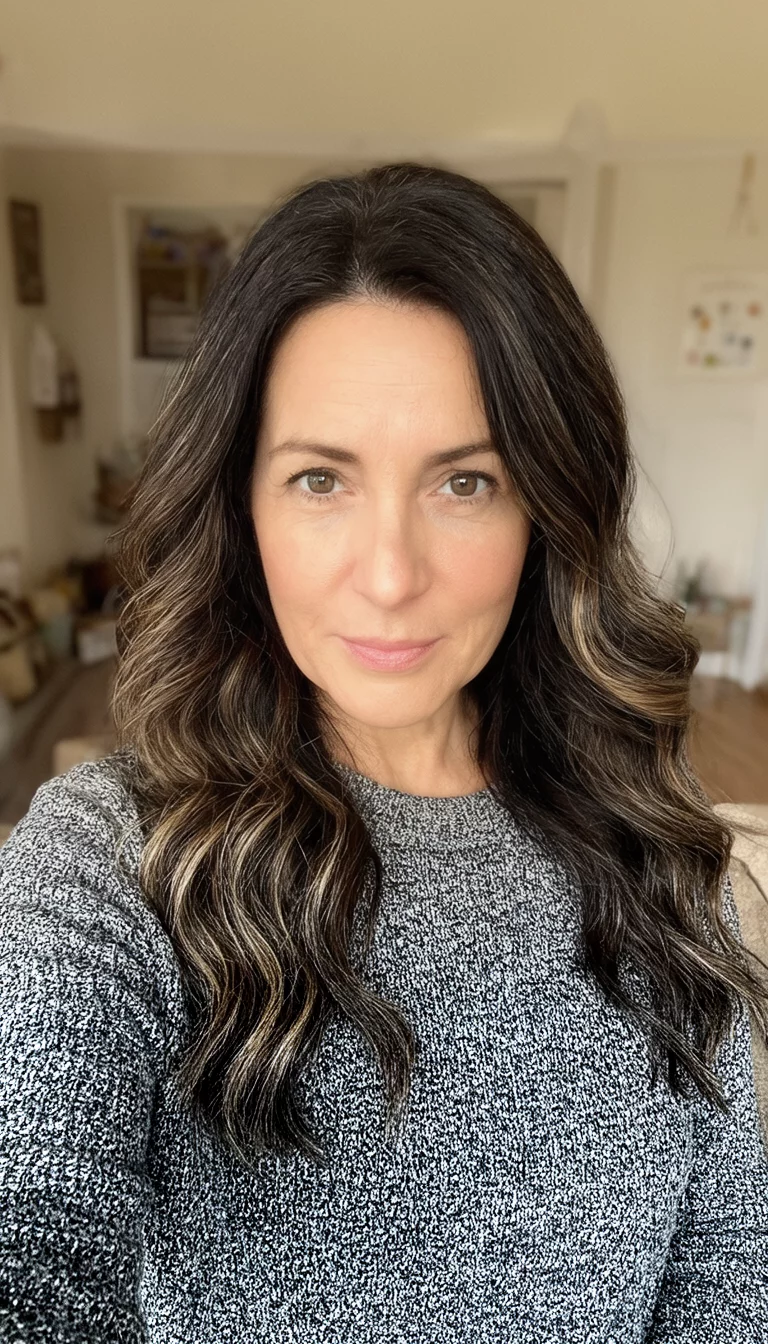selfie of a 38-year-old woman wearing a grey textured sweater with a dark brown hair with ash brown highlights colored long wavy hair hairstyle, front view, home setting