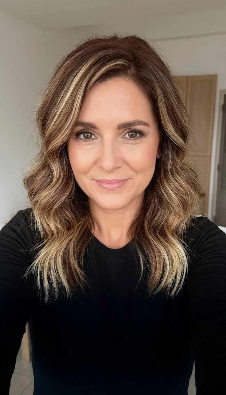 selfie of a 33-year-old woman wearing a black top with a brown and blonde highlights colored mid-length wavy hair hairstyle, front view, indoor setting