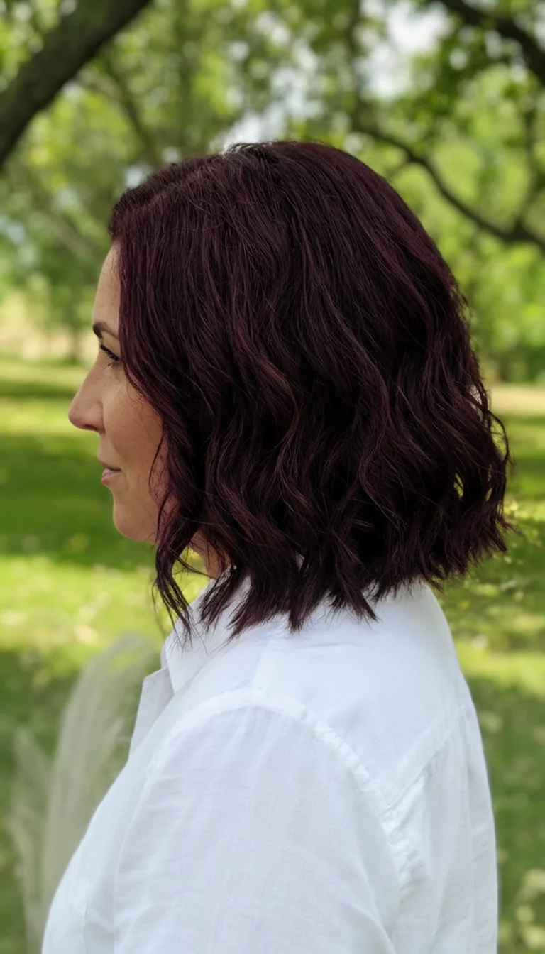 casual photo of a 36-year-old woman wearing a white shirt with a dark auburn-toned wavy lob colored wavy lob hairstyle, side view, natural outdoor light