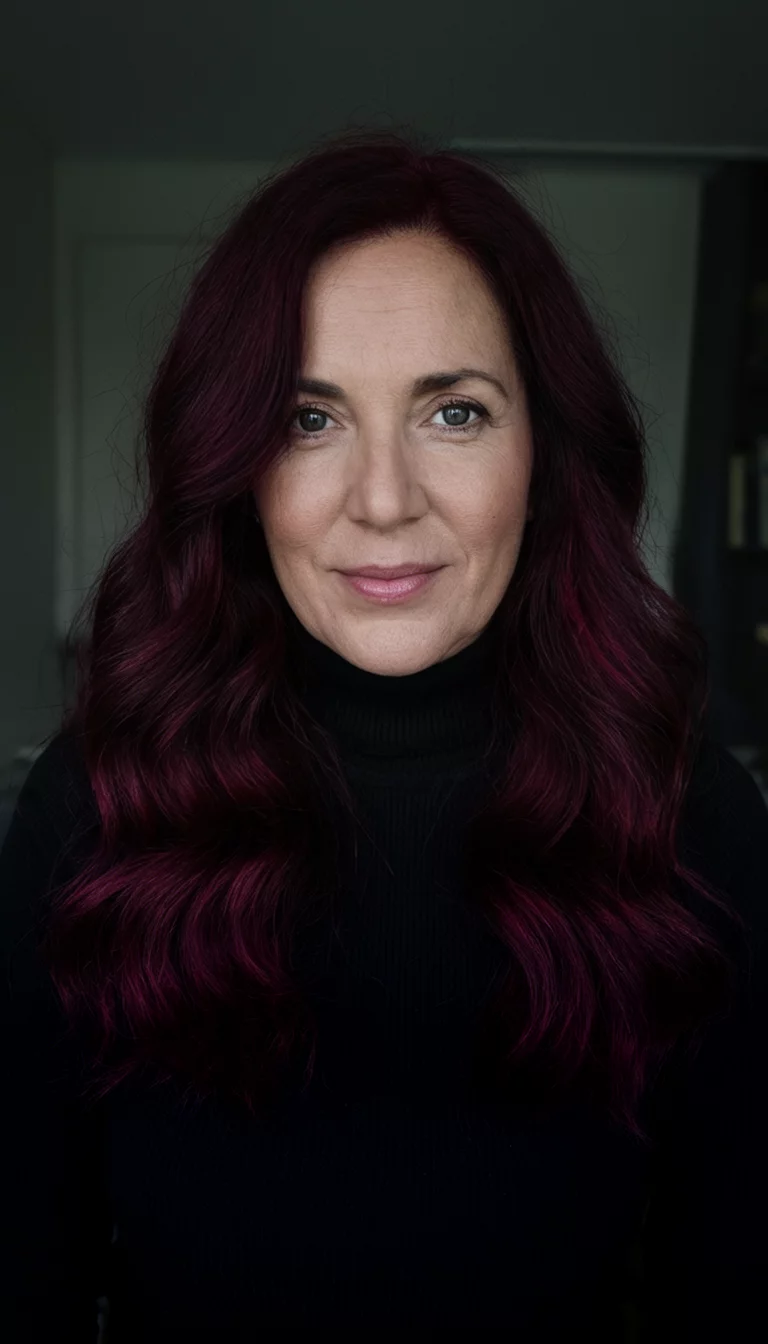 selfie of a 43-year-old woman wearing a black turtleneck with a deep burgundy-toned wavy hair colored long wavy hair hairstyle, front view, moody lighting