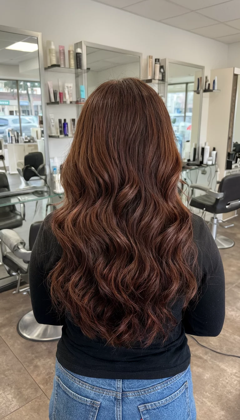 casual photo of a 29-year-old woman wearing a salon setting with a rich brown hair colored long wavy hair hairstyle, back view, salon setting