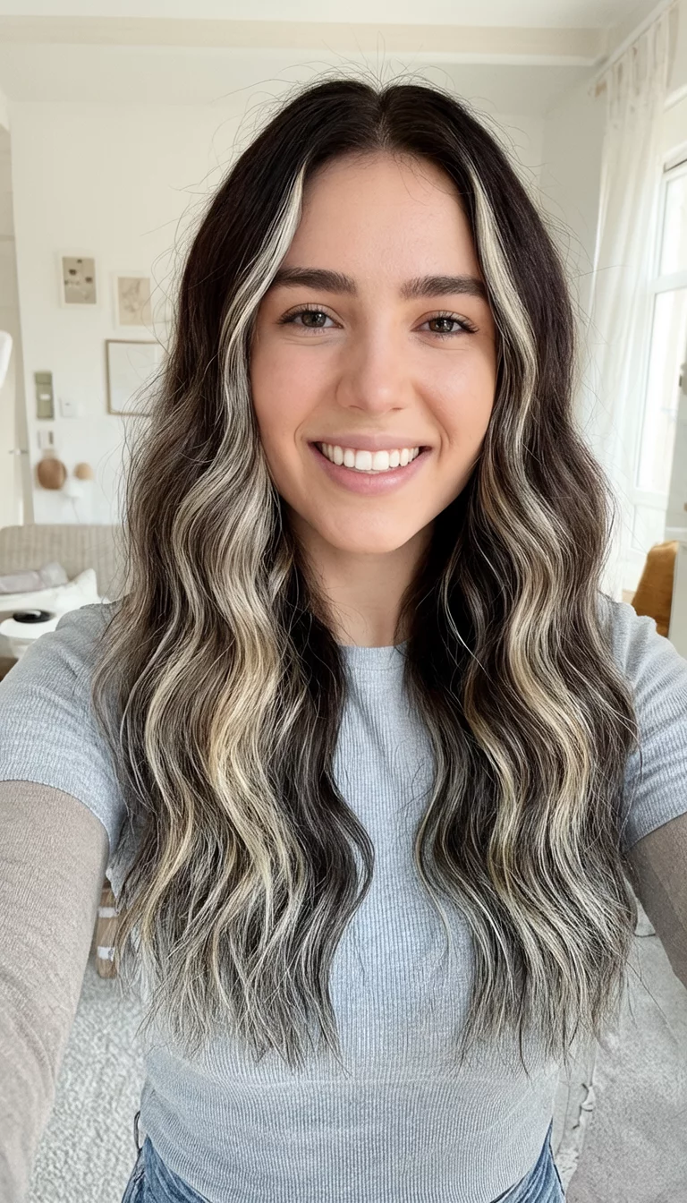 selfie of a 23-year-old woman wearing a casual outfit with a dark brown hair with prominent blonde and ash highlights colored long wavy hair hairstyle, front view, bright room