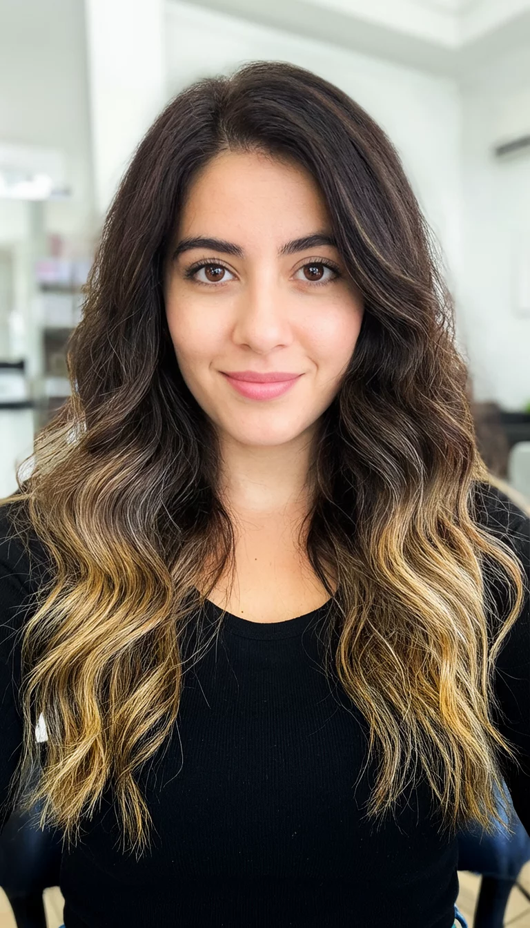 selfie of a 25-year-old woman wearing a black top with a dark brown hair with subtle blonde highlights colored long wavy hair hairstyle, front view, bright lighting