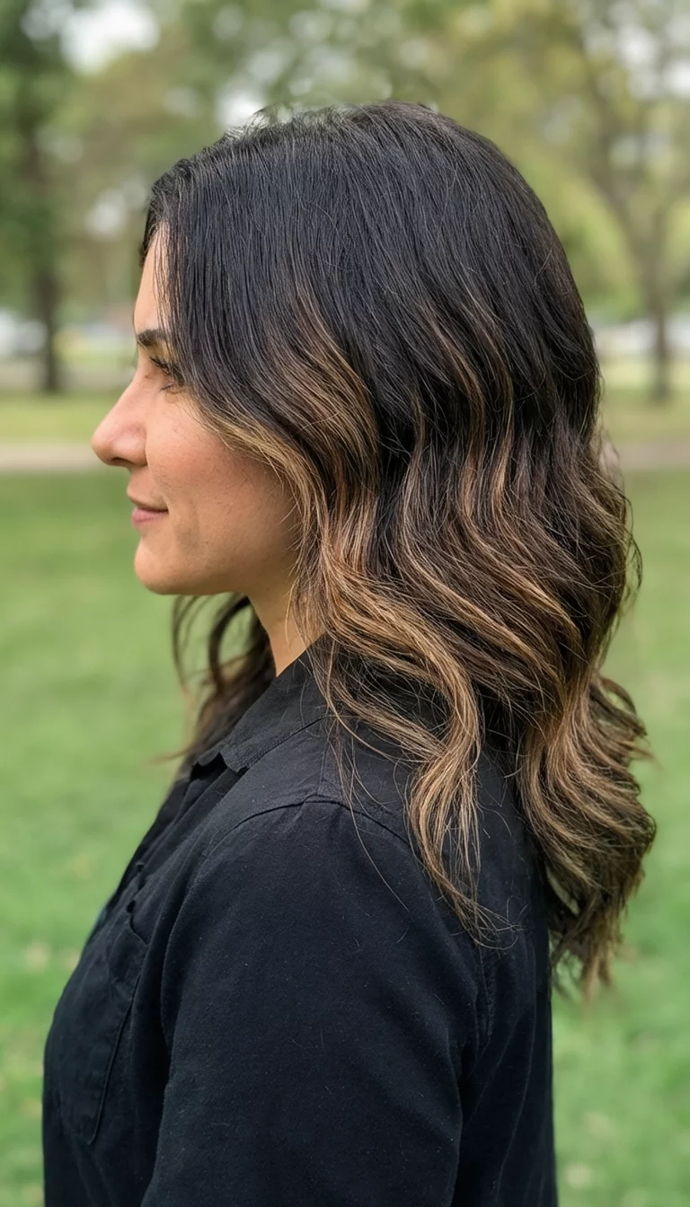 casual photo of a 34-year-old woman wearing a black shirt with a dark hair with subtle light brown balayage colored naturally wavy hair hairstyle, side view, outdoor light