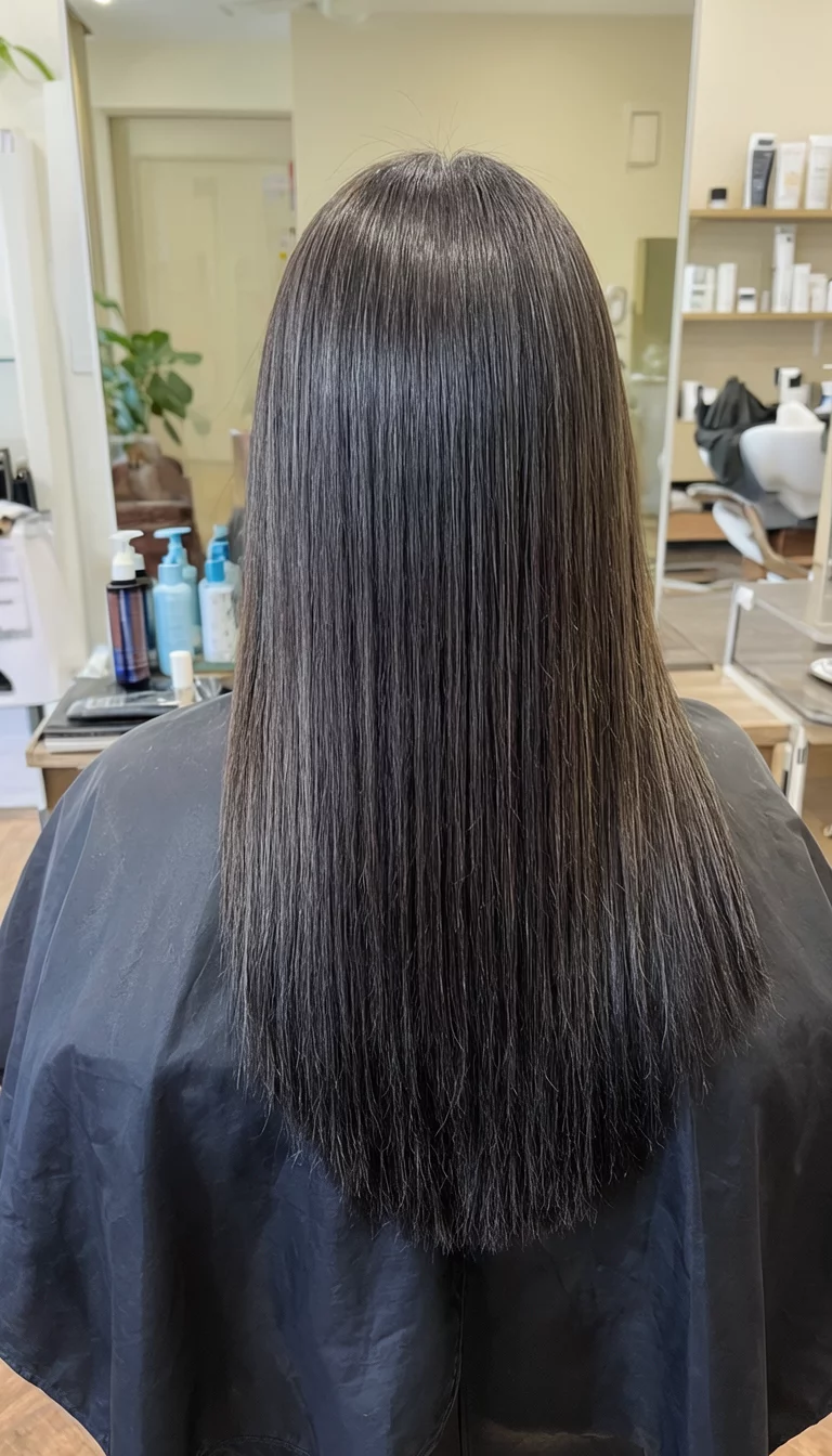 casual photo of a 45-year-old woman wearing a salon cape with a straight dark brown hair with subtle ash tones colored long straight hair hairstyle, back view, salon setting