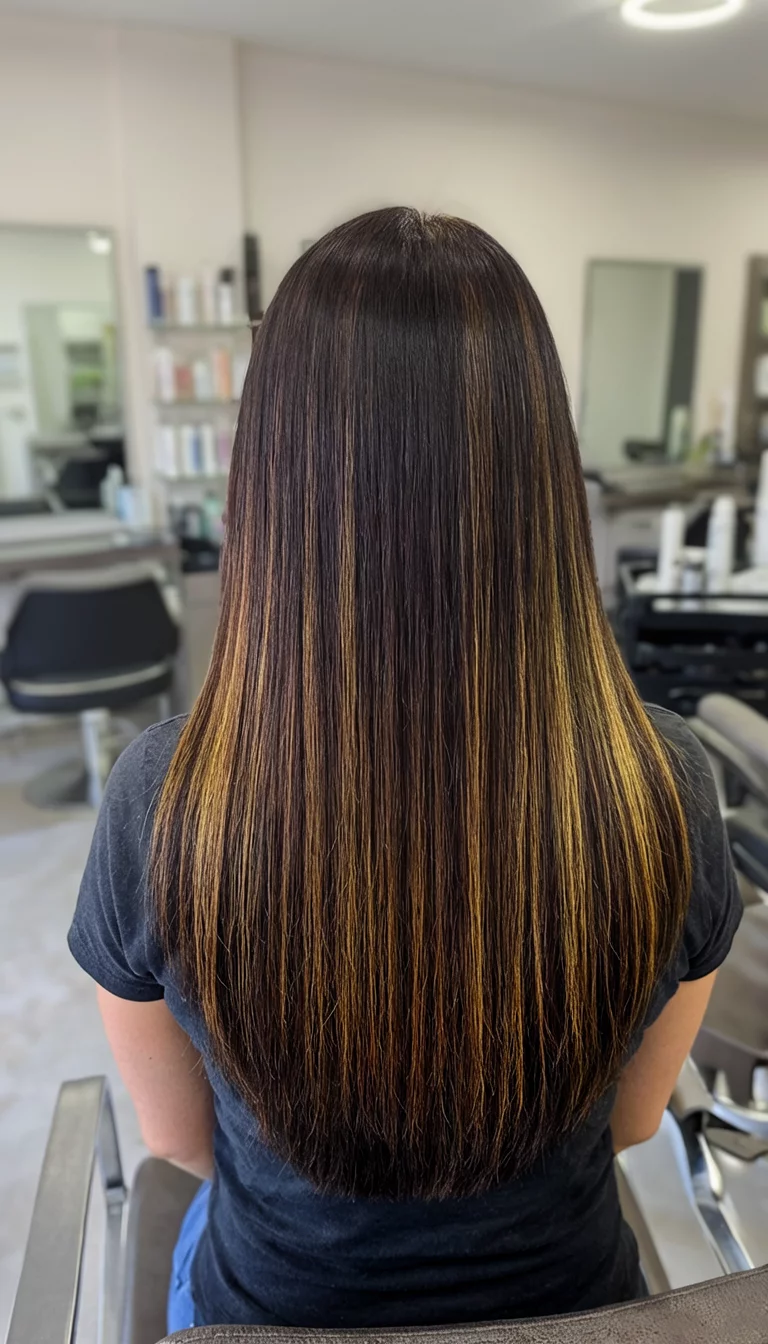casual photo of a 44-year-old woman wearing a salon setting with a dark brown hair with subtle golden highlights colored long straight hair hairstyle, back view, salon setting