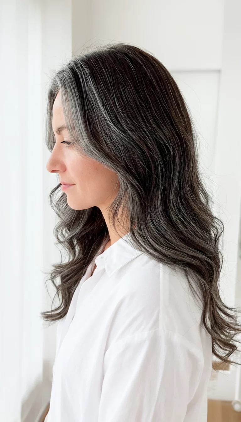 casual photo of a 39-year-old woman wearing a white shirt with a dark brown hair with subtle grey highlights colored long wavy hair hairstyle, side view, bright room