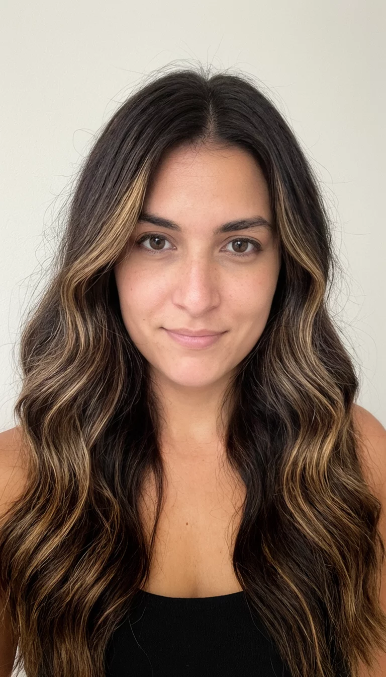 selfie of a 26-year-old woman wearing a neutral background with a dark brown hair with lighter brown streaks colored long wavy hair hairstyle, front view, neutral background
