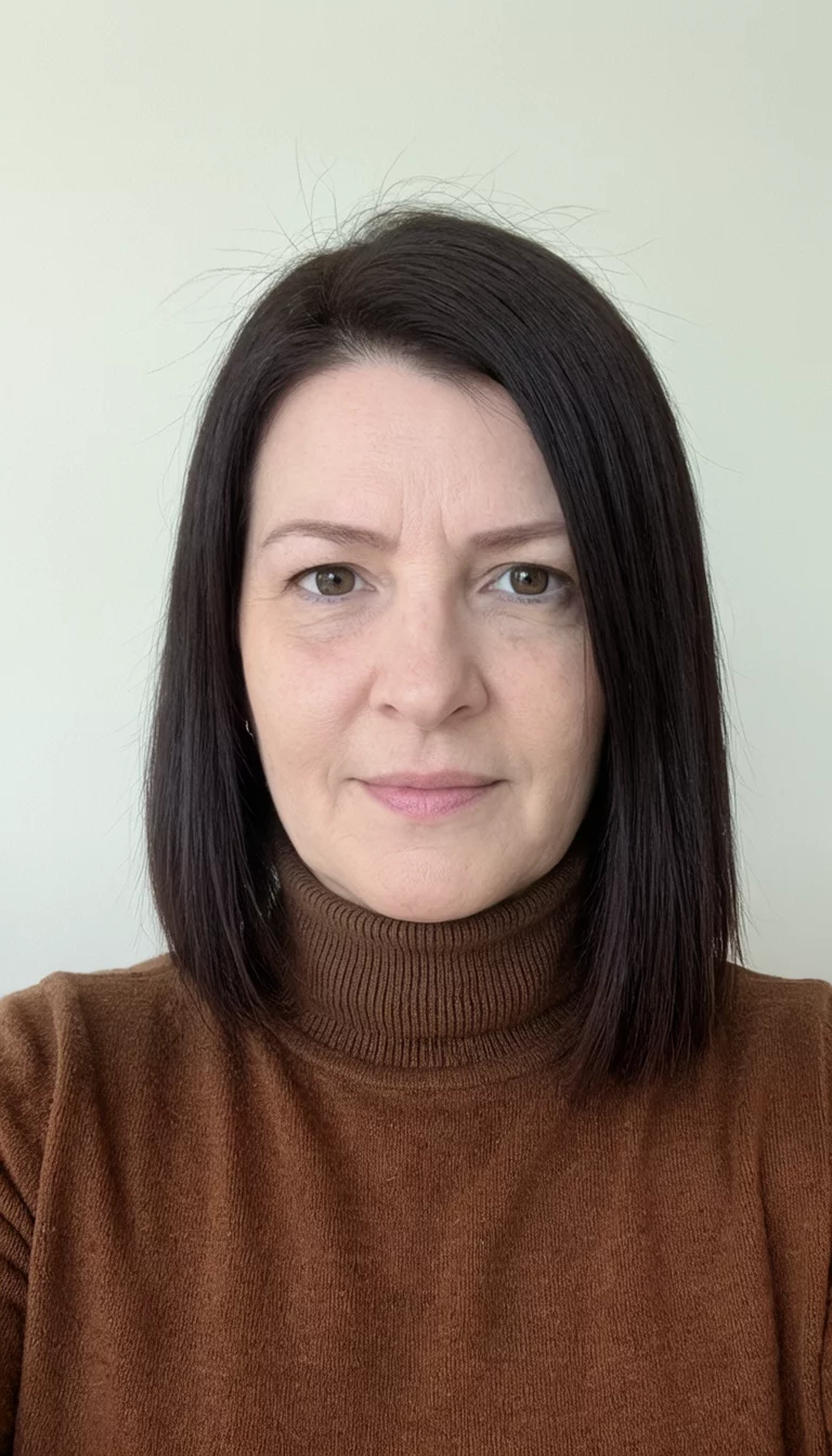 selfie of a 42-year-old woman wearing a brown turtleneck with a straight dark brown hair colored side part hairstyle, front view, simple background