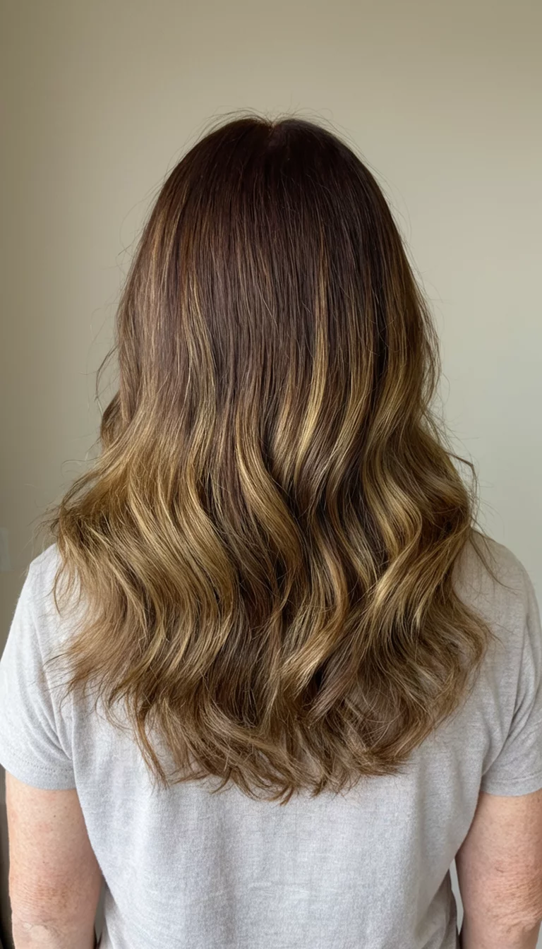 casual photo of a 49-year-old woman wearing a neutral setting with a warm brown hair featuring subtle blonde highlights colored soft waves hairstyle, back view, neutral setting