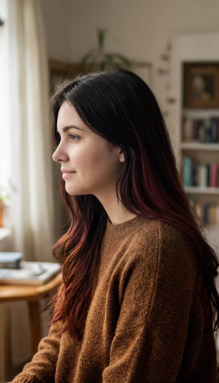 casual photo of a 24-year-old woman wearing a brown sweater with a dark brown hair with subtle reddish-brown highlights colored long hair hairstyle, side view, cozy interior
