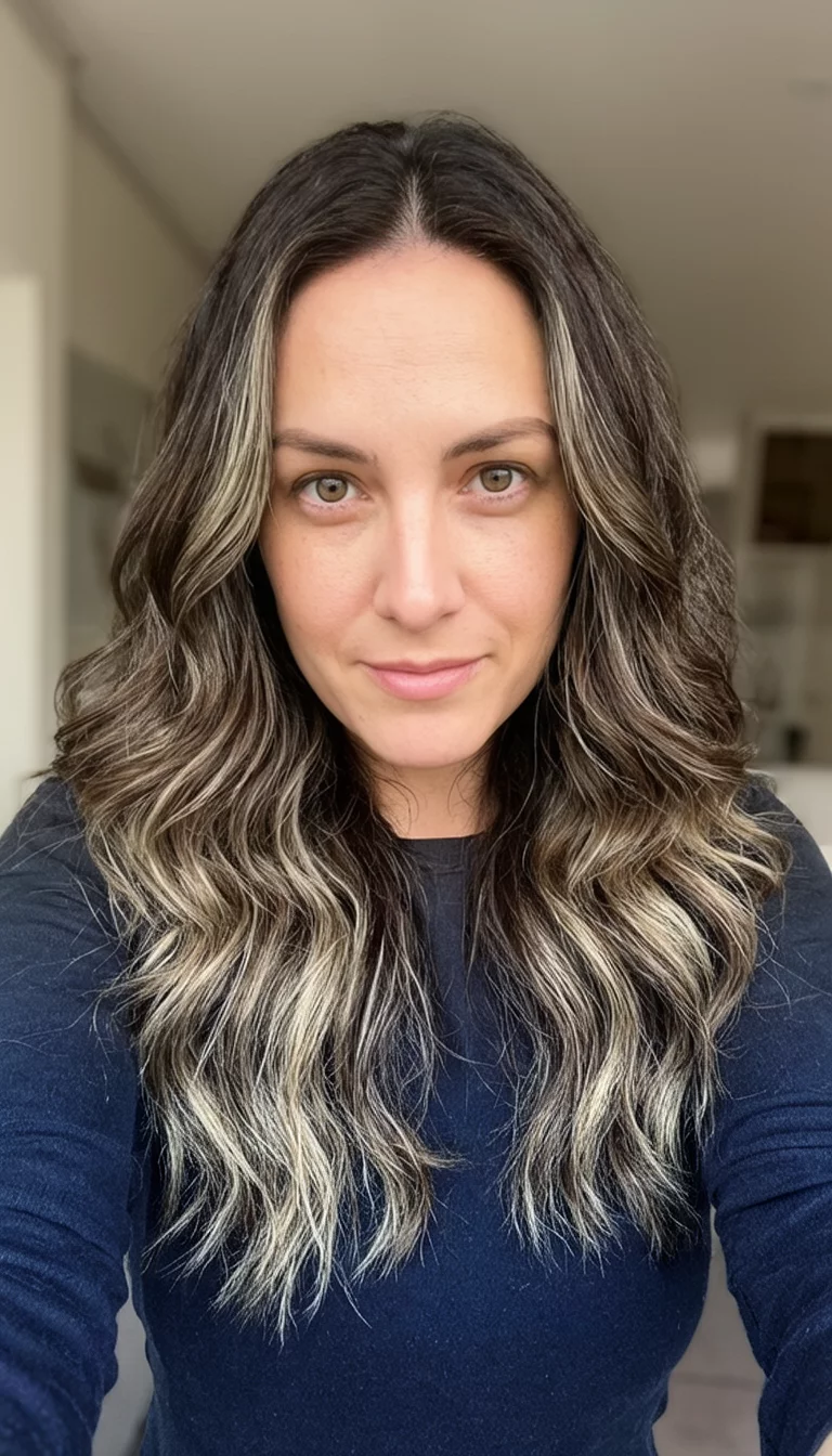 selfie of a 30-year-old woman wearing a dark top with a dark brown hair with ash blonde highlights colored long wavy hair hairstyle, front view, indoor light