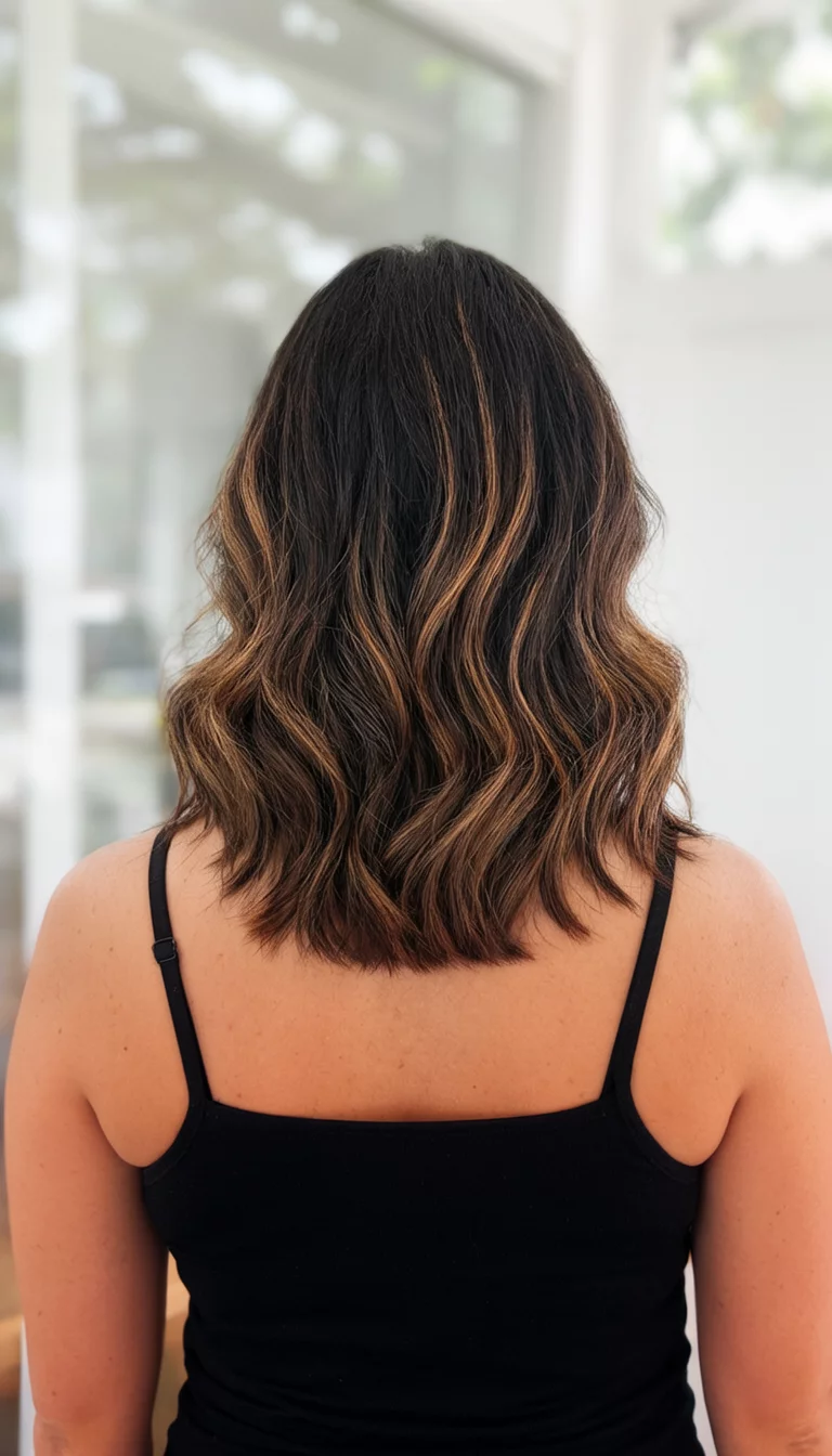 casual photo of a 31-year-old woman wearing a black tank top with a dark brown hair with warm-toned highlights colored soft waves hairstyle, back view, natural lighting